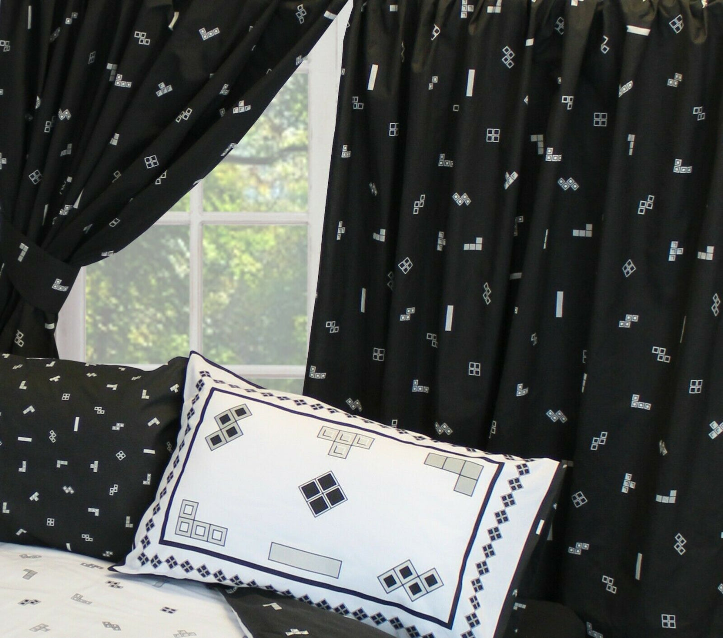 Tetris Black 66" x 54" Ready Made Unlined Pencil Pleat Curtains Gamer
