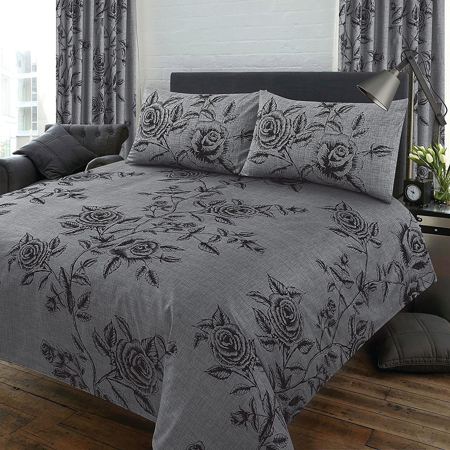 King Duvet Cover Set Wild Rose Floral Slate Grey Black Bedding Set