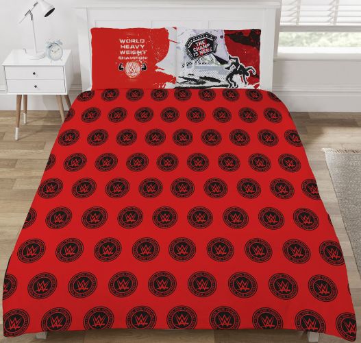 WWE Wrestling Champion Double Bed Duvet Cover Set Reversible Belt White Red