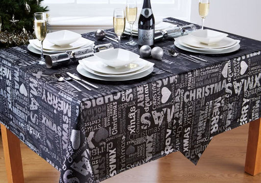 Christmas Words Text 52" x 70" Black Silver Tablecloth 4 - 6 Place Setting Festive Dining
