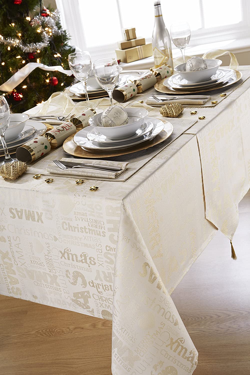 Christmas Xmas Words 4 Pack Napkins 43cm x 43cm (17"x 17") Festive Linen Cream Gold