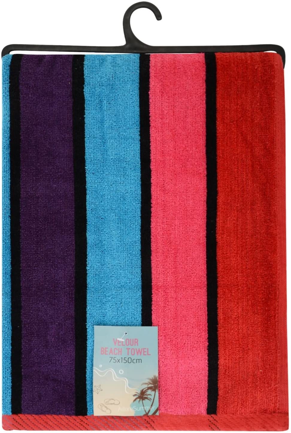Large Beach Towel Velour Multi Striped Purple Blue Cerise Red 75cm x 150cm