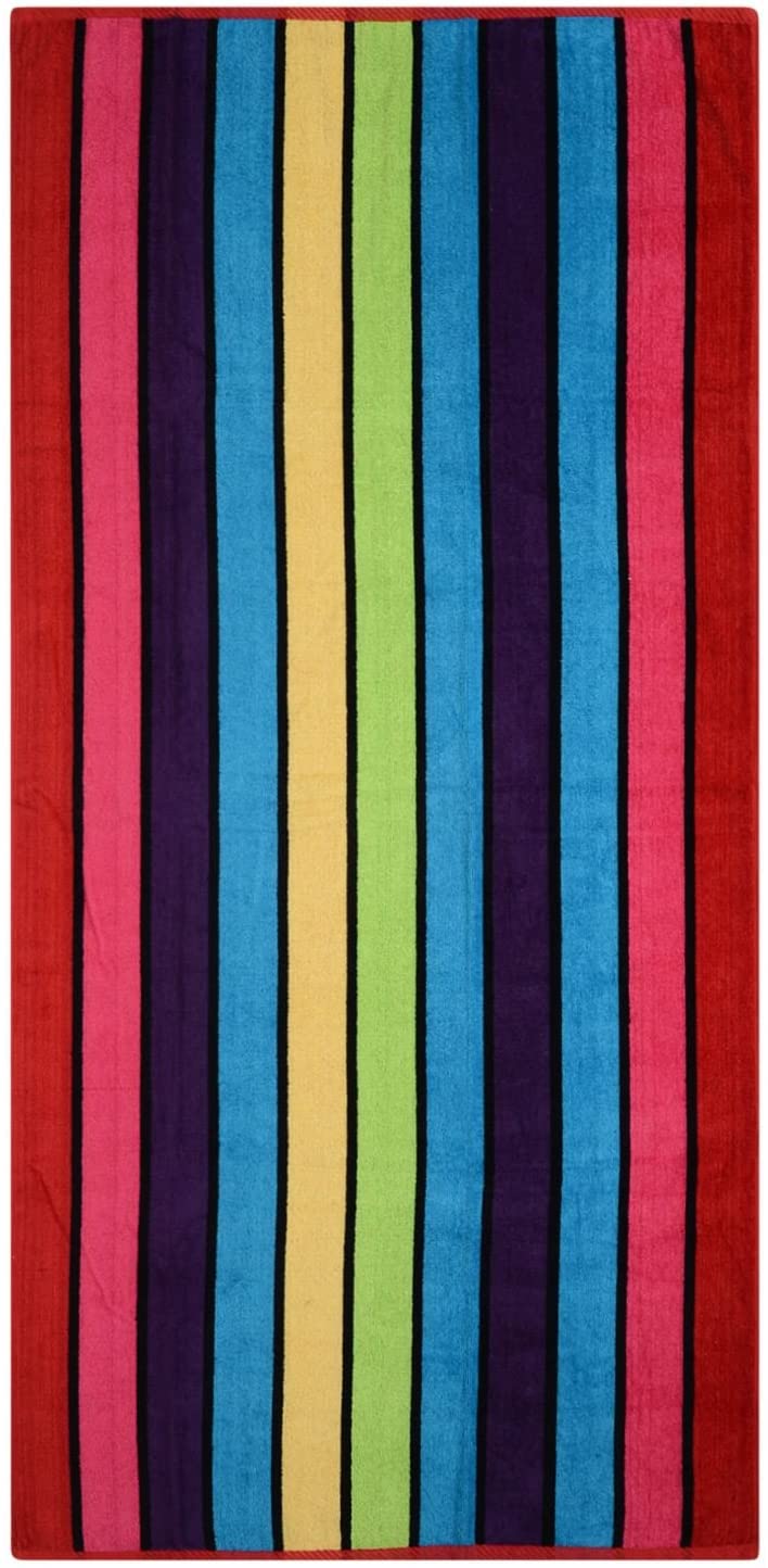 Large Beach Towel Velour Multi Striped Purple Blue Cerise Red 75cm x 150cm