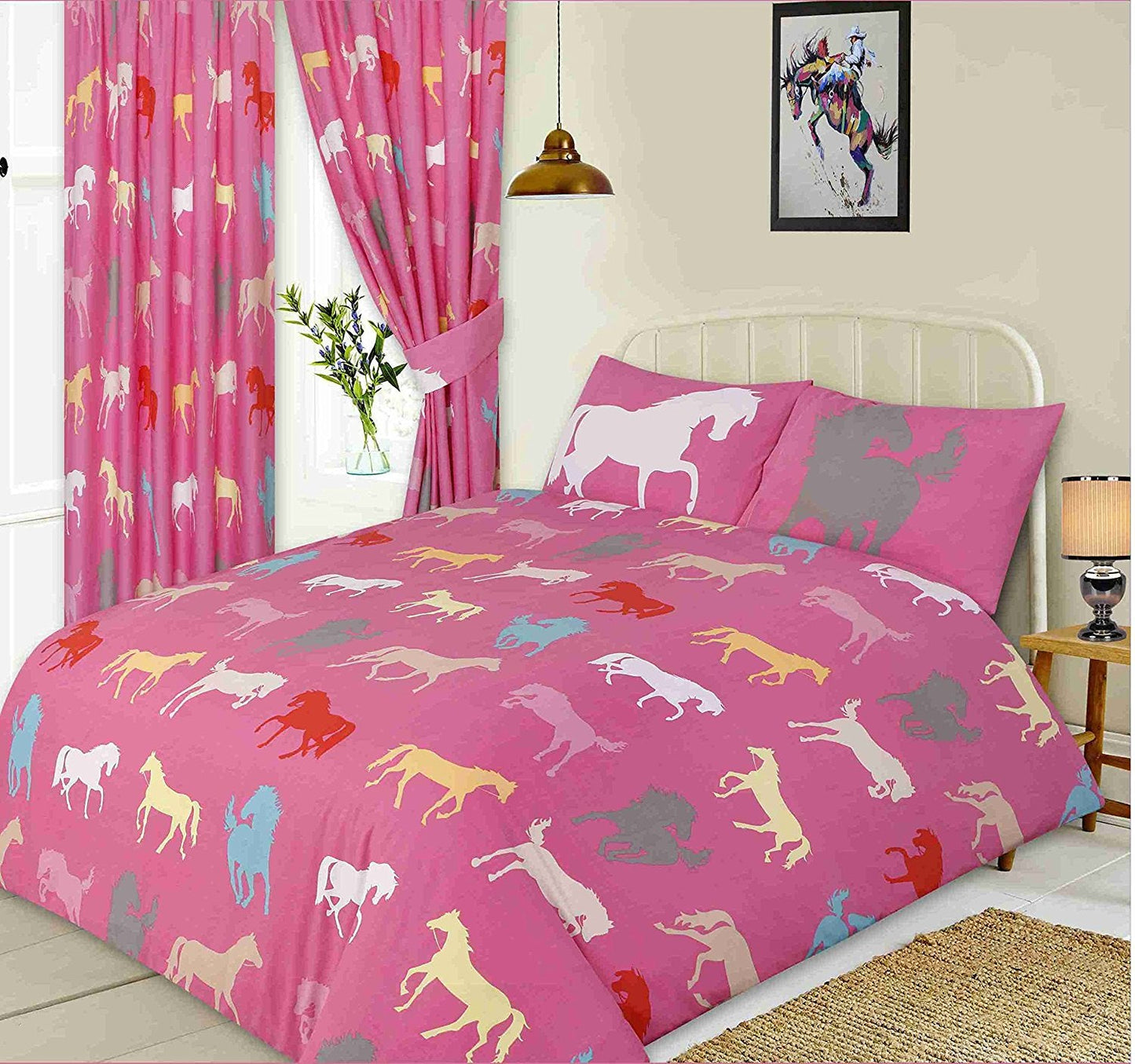 Single Bed Size Duvet Cover Set Horses Equestrian Pink Teal Yellow White Grey