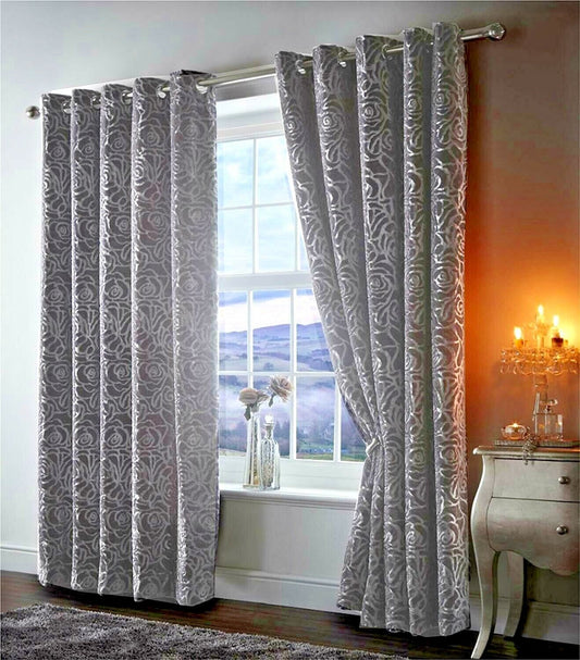Floral Steel Grey Amelia 66" x 72" Ready Made Eyelet Fully Lined Curtains Home Decor