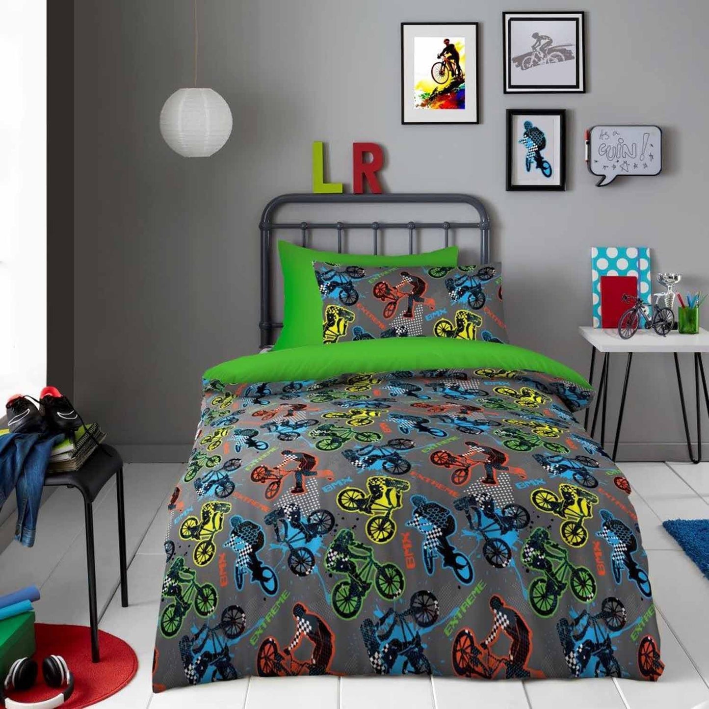 Single Bed BMX Tricks Biking Duvet Cover Set Reversible Grey Green Multi Kids