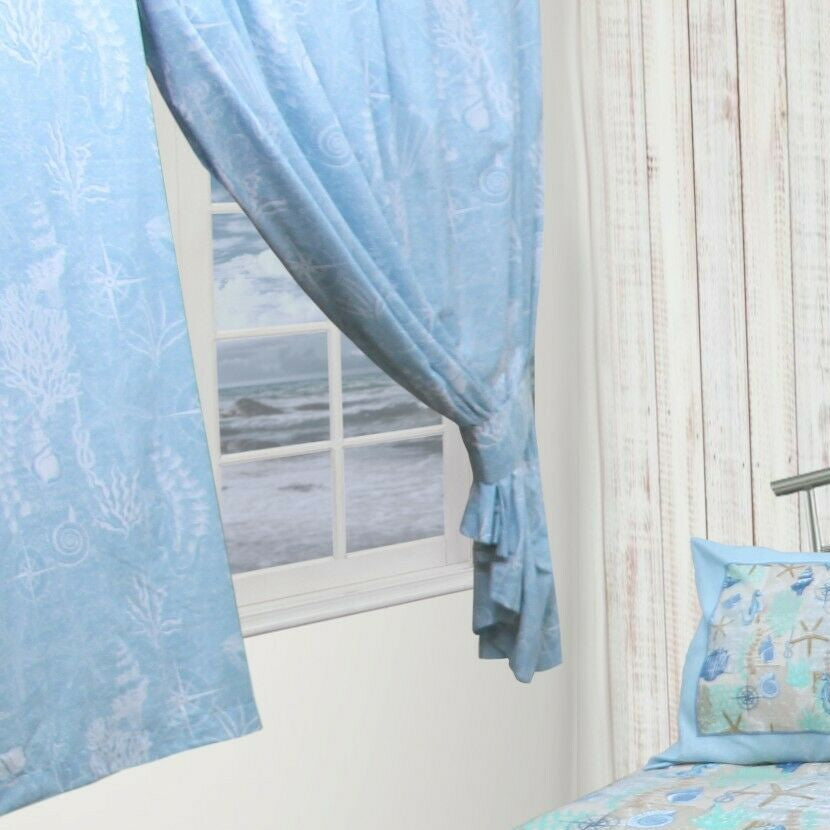 Coastal 66" x 72" Pencil Pleat Unlined Curtains Star Fish Light Blue Tie Backs Included