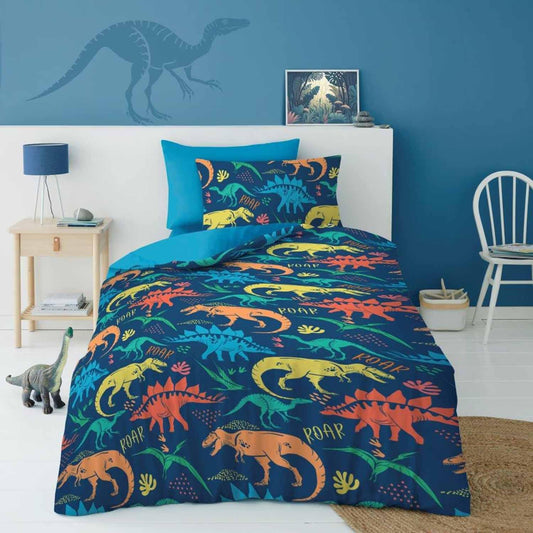 Single Bed Dinosaurs Blue Roar Multicoloured Duvet Cover Set Reversible Bedding