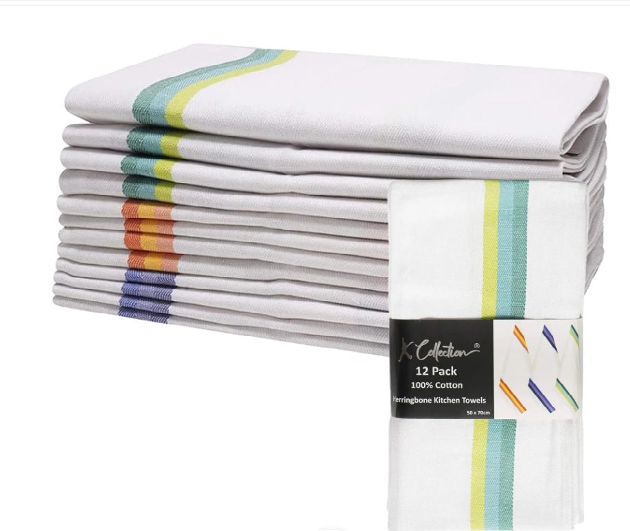 12 Pack Kitchen Towels Set - 100% Pure Cotton Classic Herringbone Weave - Stripe Design