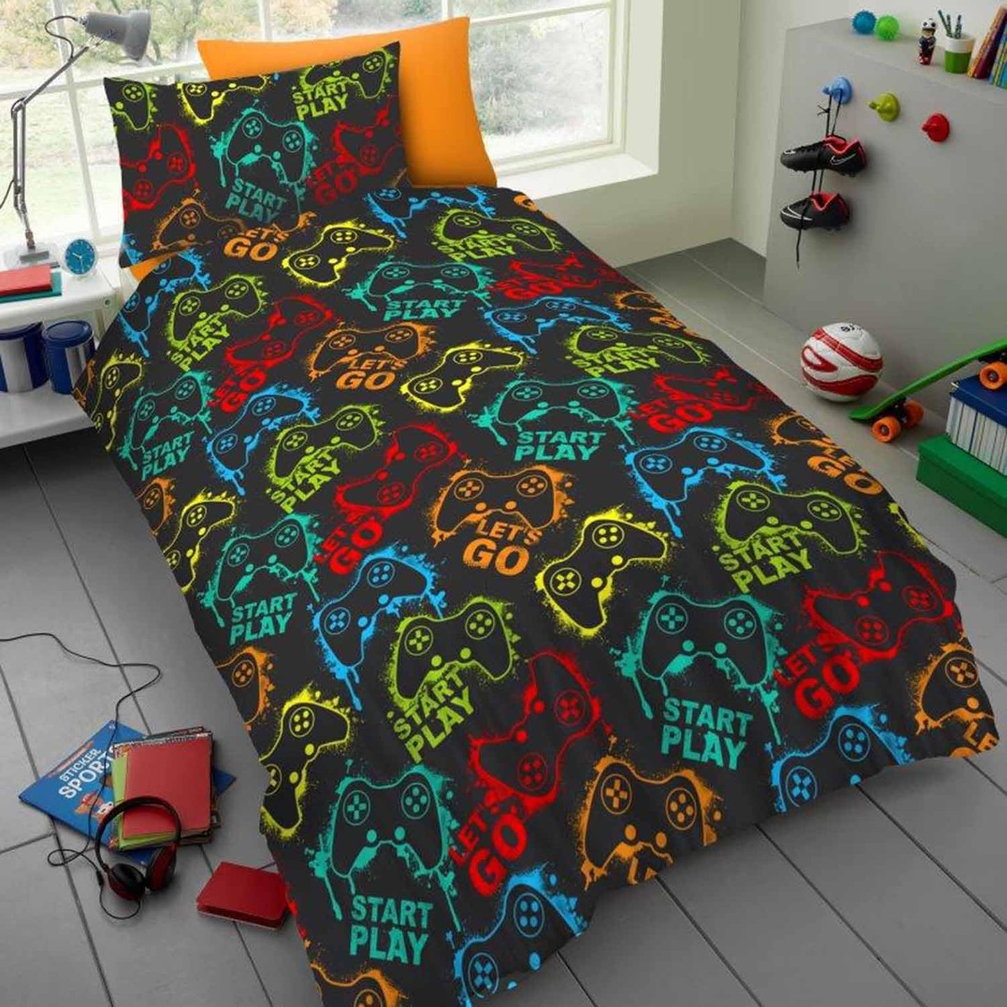 Single Bed Gamer Duvet Cover Set Reversible Multicoloured Controllers Start Play