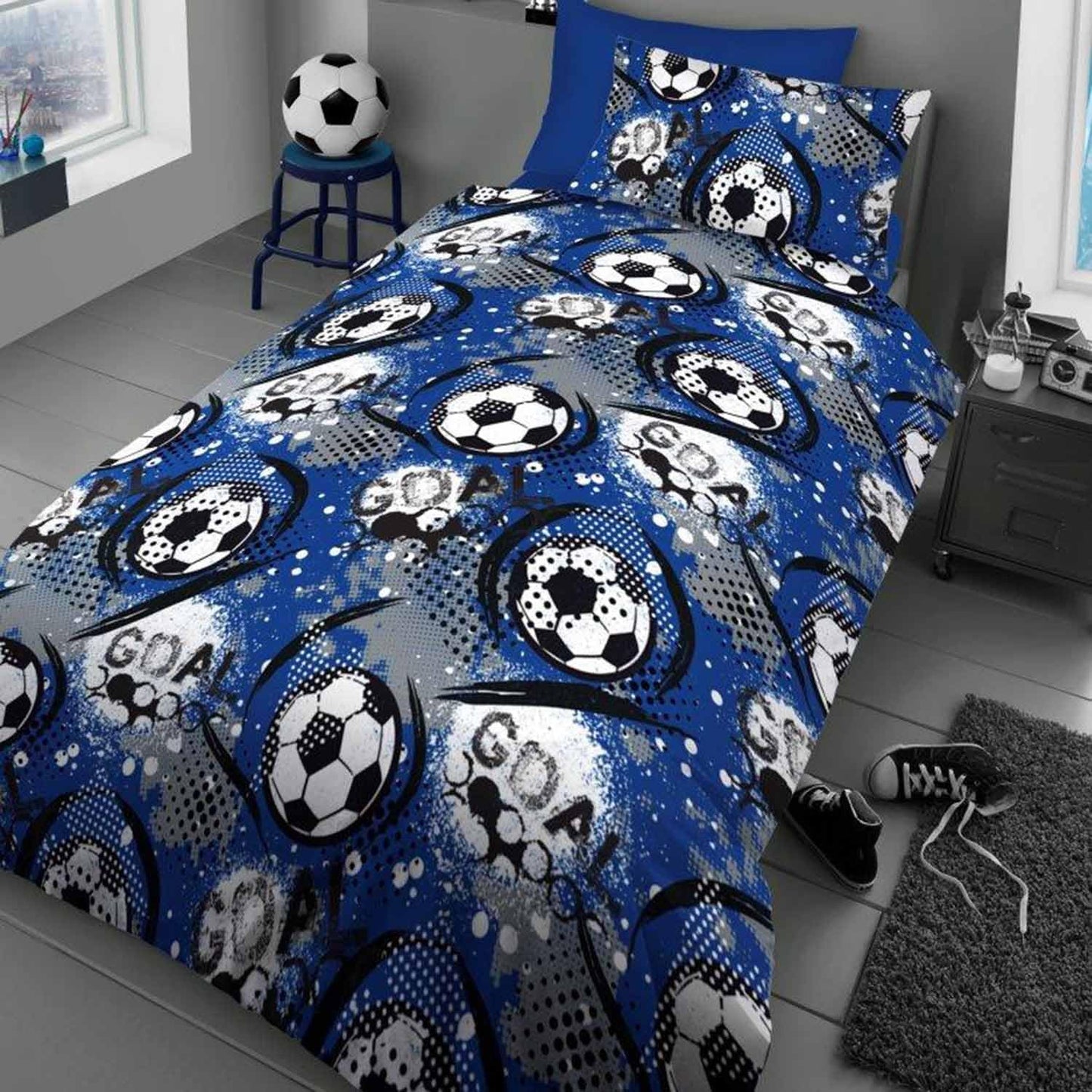 Single Bed Football Duvet Cover Set Reversible Goal Blue Grey White Boys Bed