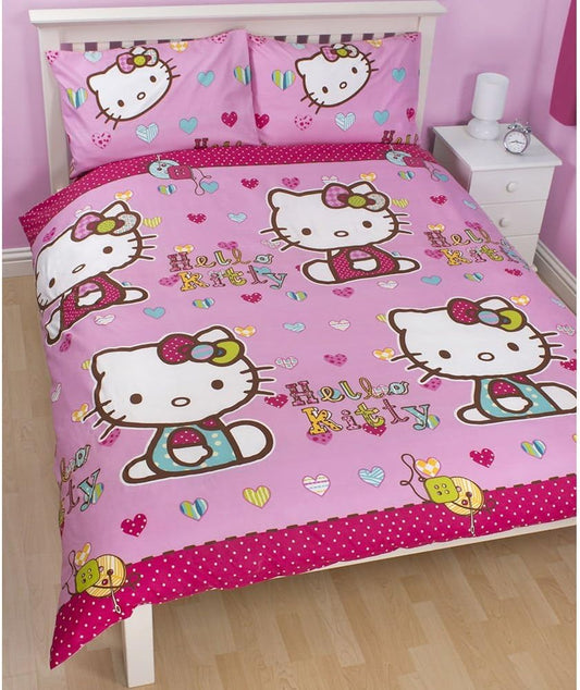 Double Bed Hello Kitty Pink Duvet Cover Set Reversible Character Bedding Girls