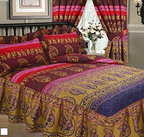 Double Bed Size Kashmir Fuschia Gold Frill Luxury Quilted Fitted Bedspread
