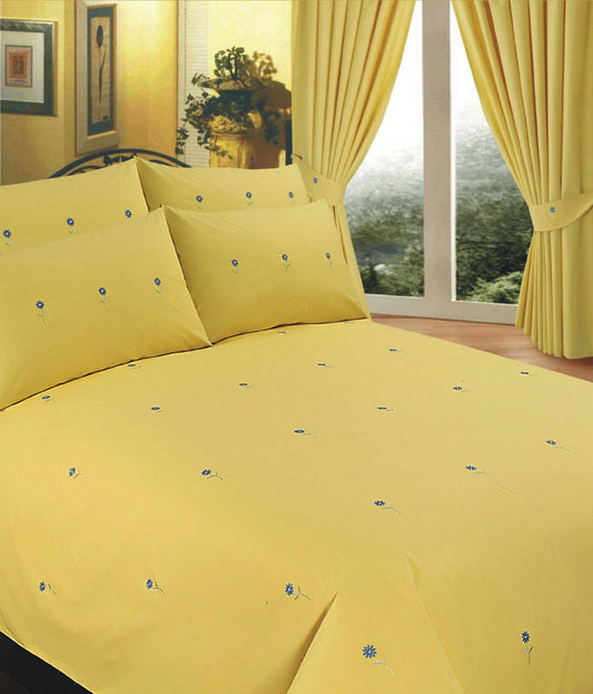 Double Bed Duvet Cover Set Bellis Yellow Daisy Embroidery Bedding
