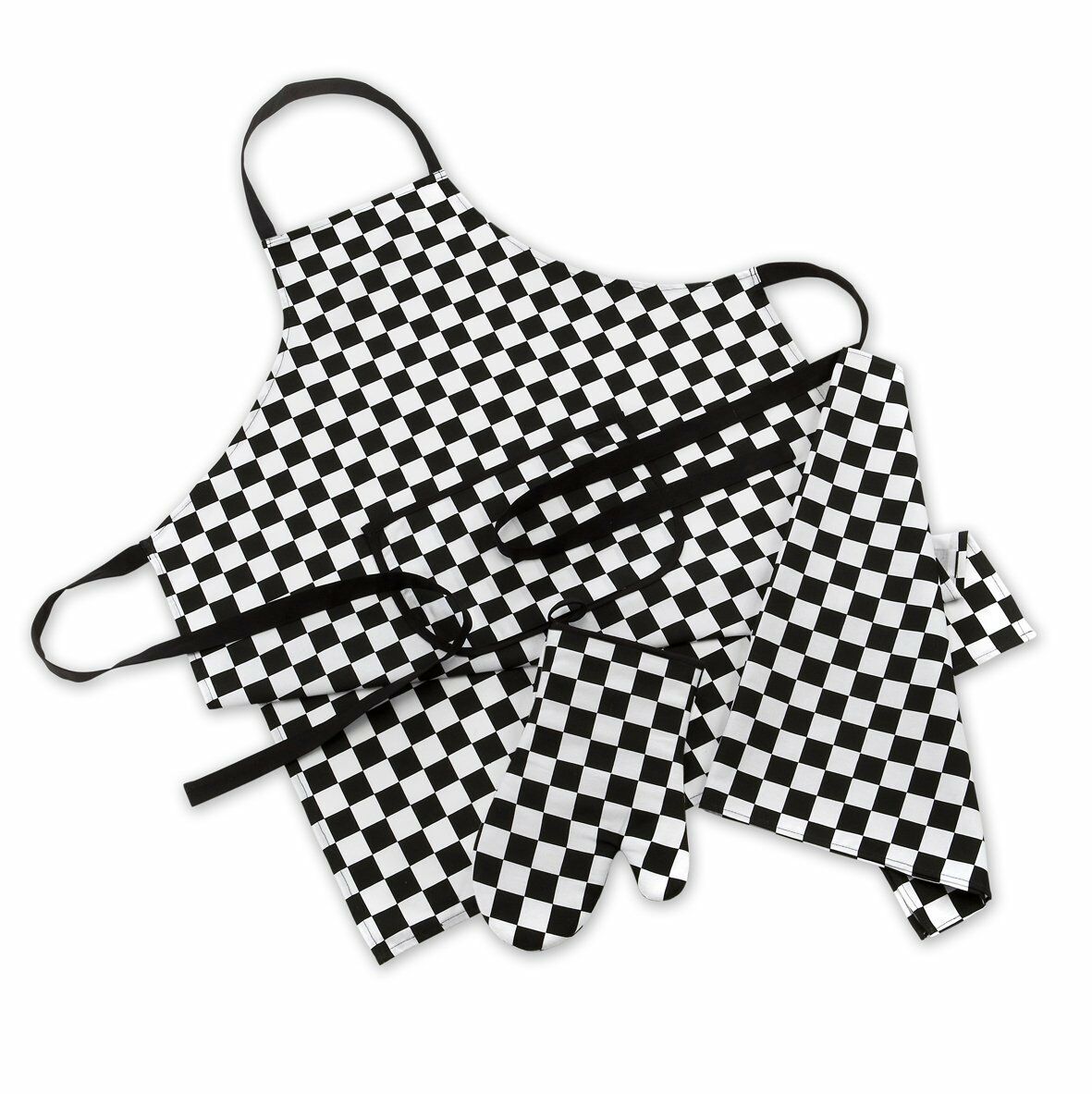 Mad About Cooking Set 3 Piece Chef Set Black White Checked Apron Tea Towel Gauntlet