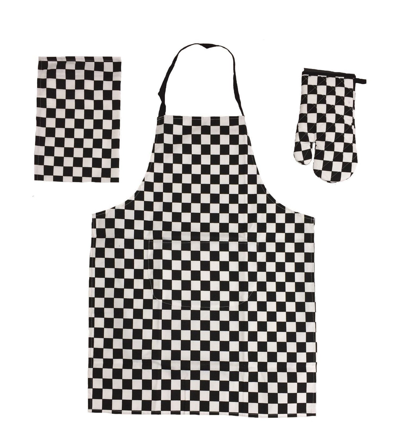 Mad About Cooking Set 3 Piece Chef Set Black White Checked Apron Tea Towel Gauntlet