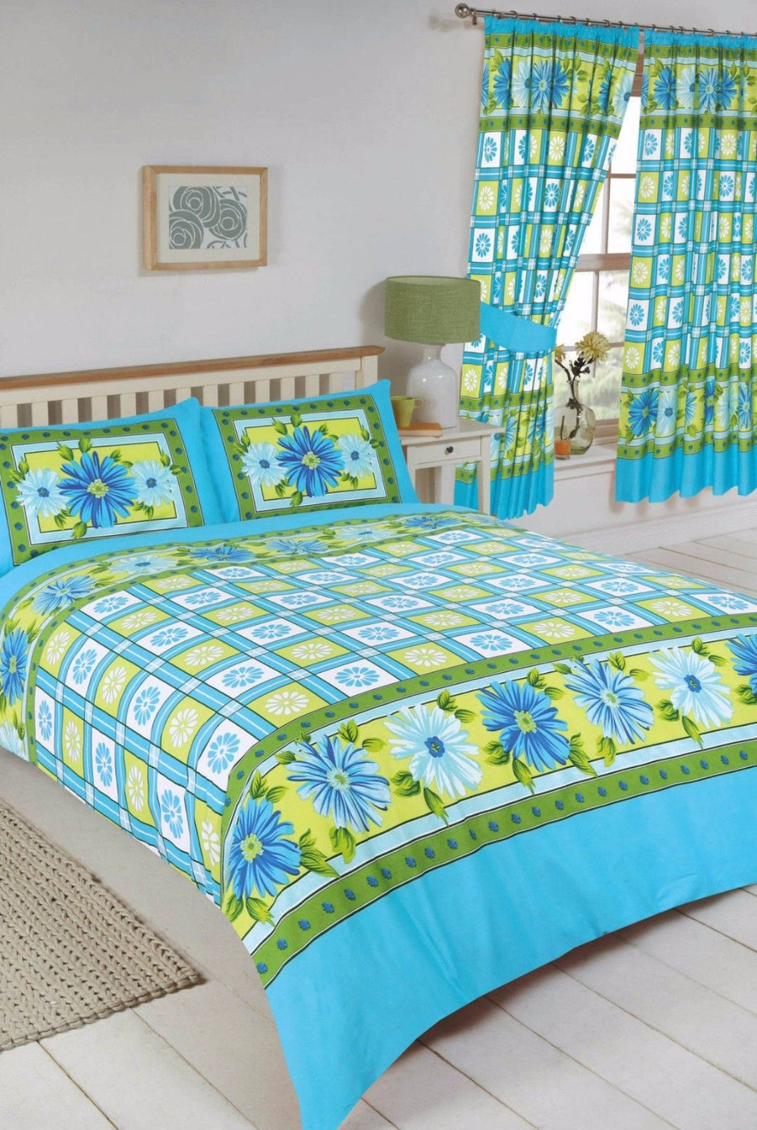 Double Bed Duvet Cover Set Daisy Check Azure Blue Lime