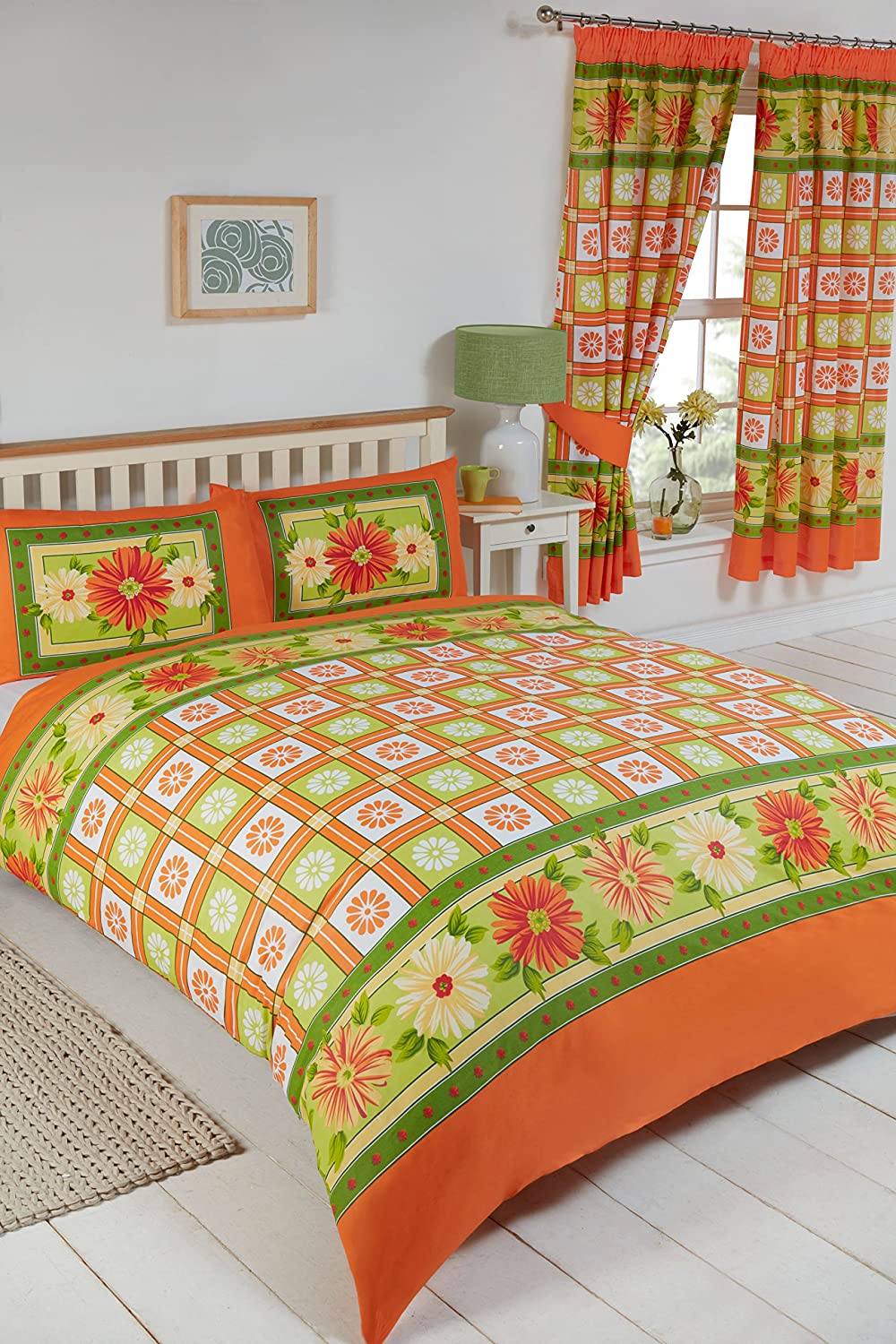 Double Bed Duvet Cover Set Daisy Check Citrus Orange Lime