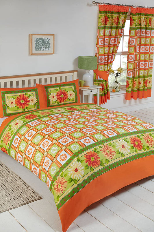 King Size Duvet Cover Set Daisy Check Citrus Orange Floral Bedding