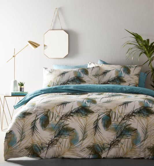 Single Bed Feathers Teal Green Off White Bedding