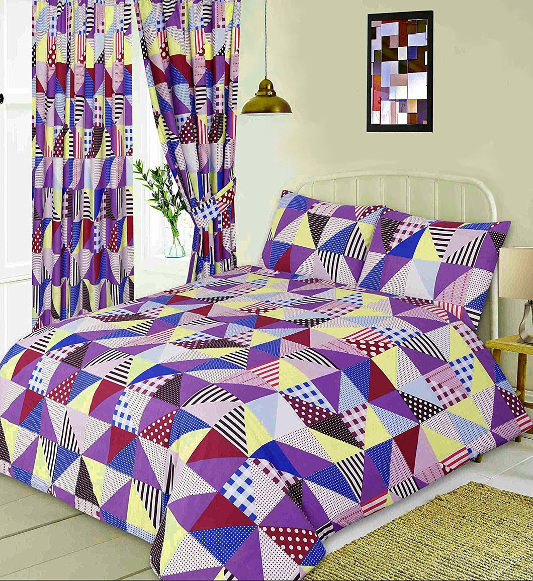 Double Bed Duvet Cover Set Geo Patchwork Berry