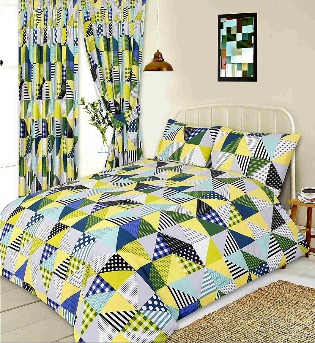 King Size Duvet Cover Set Geo Patchwork Lime Green