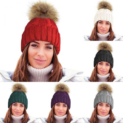 Ladies Cable Knitted Soft Teddy Fur Fleece Lining Ski Hat With Large Detachable Pom Pom