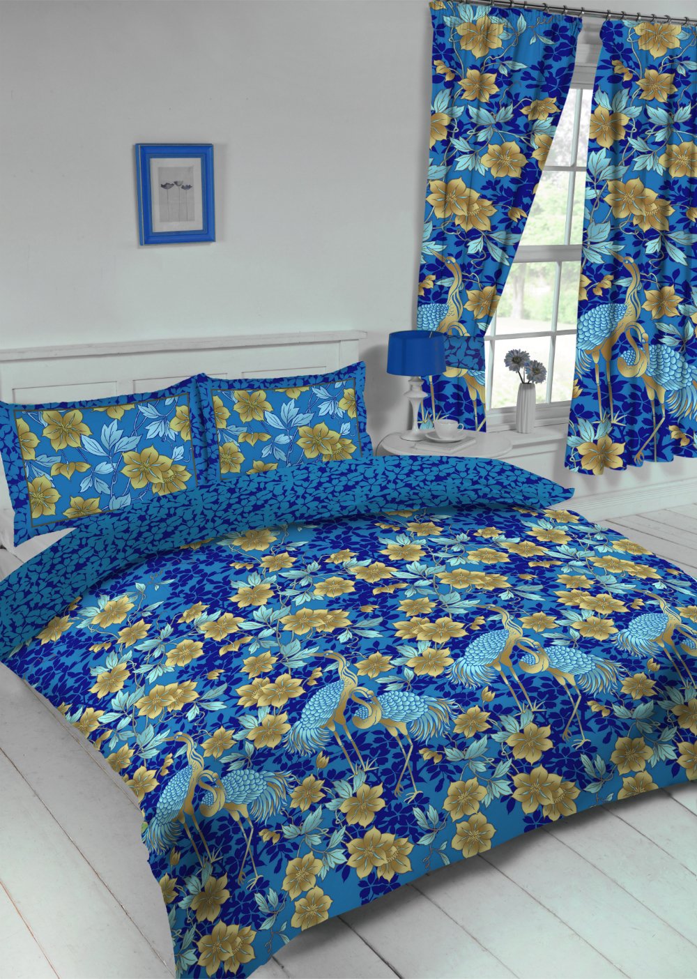Double Bed Size Duvet Cover Set Heron Blue Floral Bird Reversible Bedding