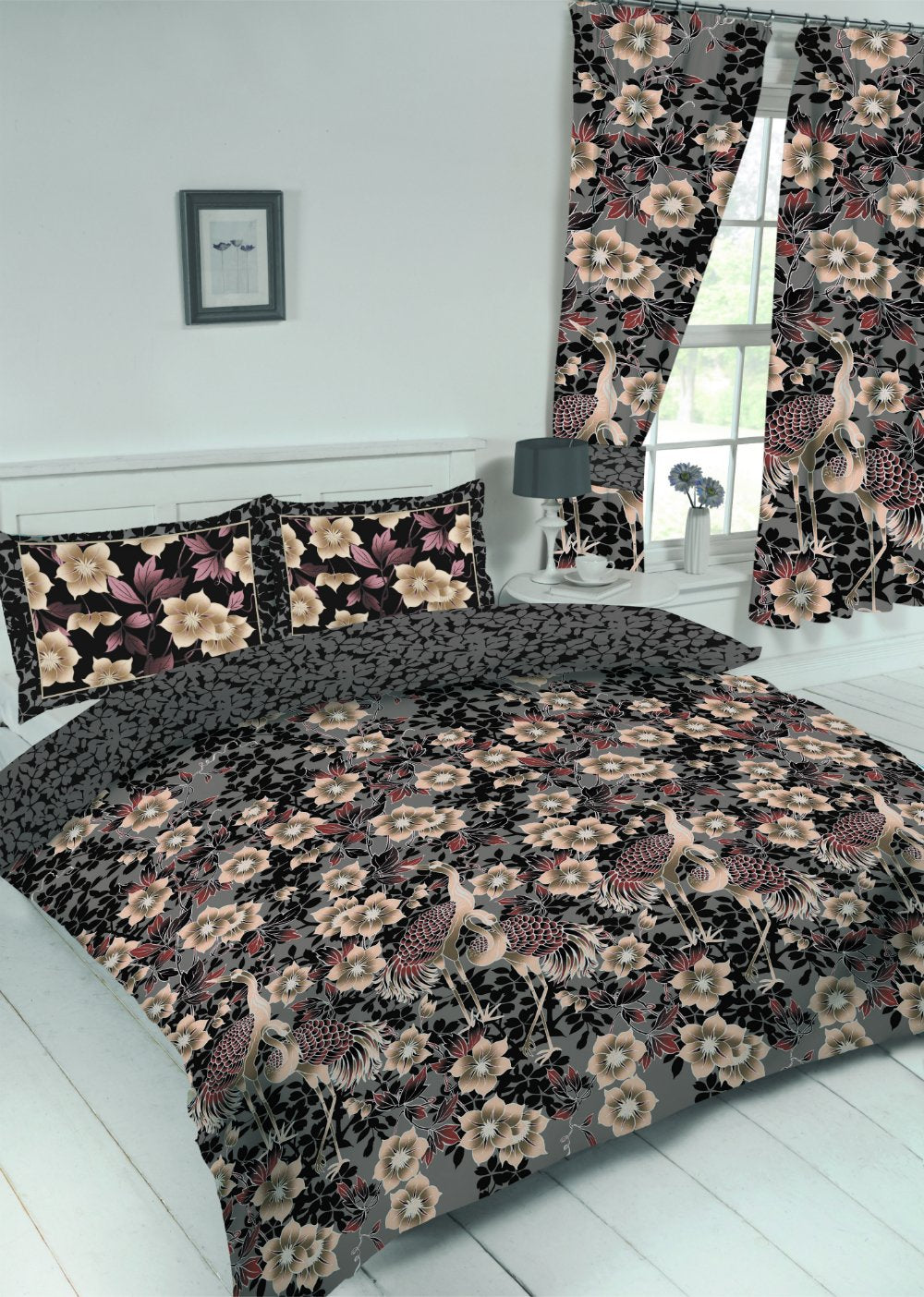 Double Bed Size Duvet Cover Set Heron Grey Slate Floral Bird Reversible Bedding