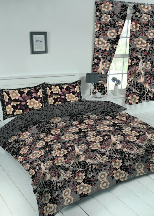 Super King Size Duvet Cover Set Heron Grey Slate Floral Bird Reversible Bedding