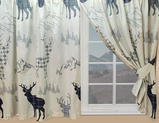 Highland Stag 66" x 54" Unlined Pencil Pleat Curtains Mountain Grey Navy