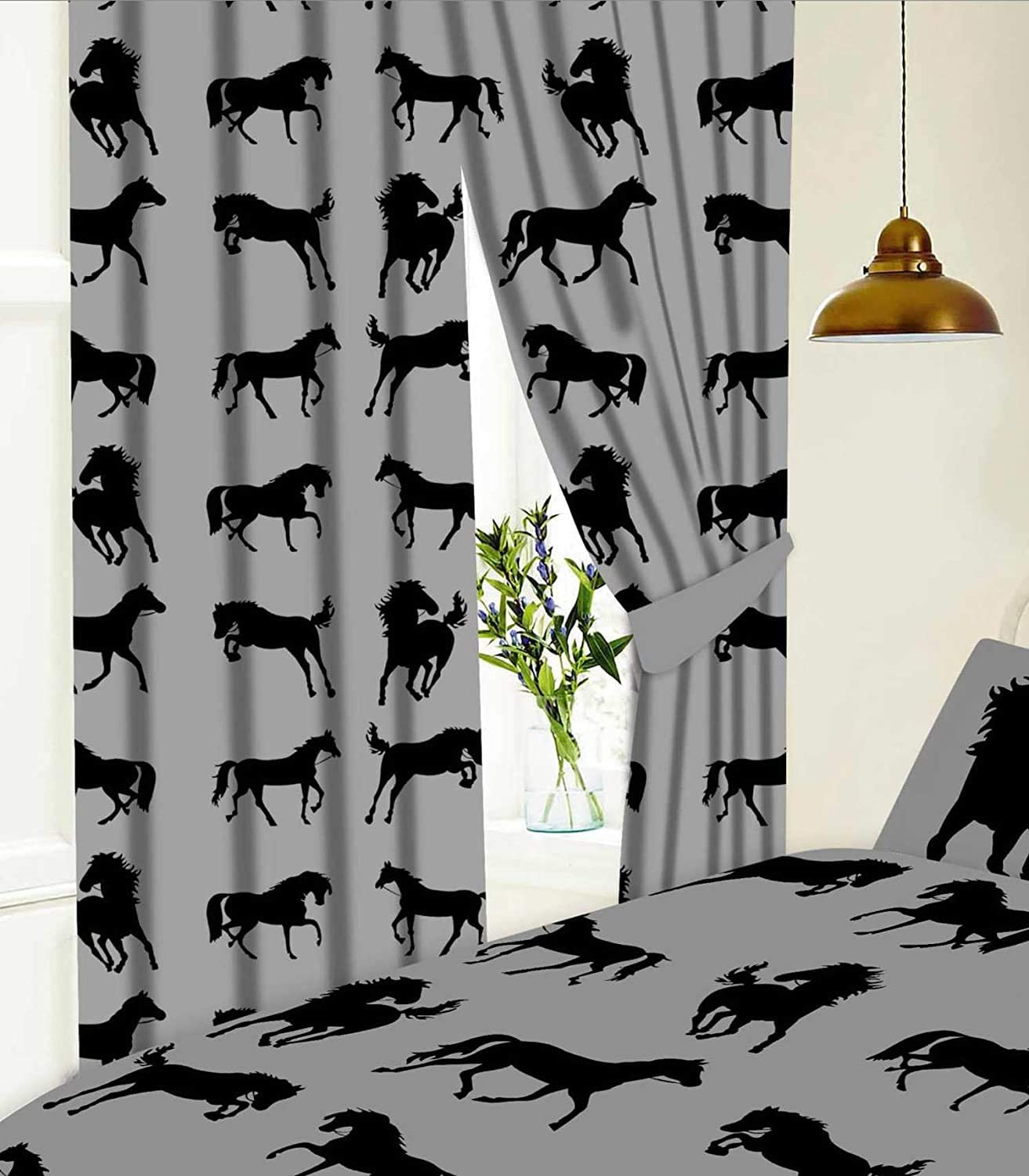 Equestrian Horses Grey 66" x 54" Pencil Pleat Curtains