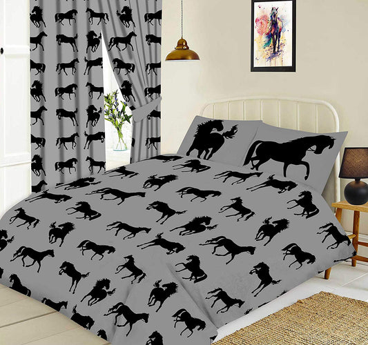 Double Bed Duvet Cover Set Horses Equestrian Grey Bedding