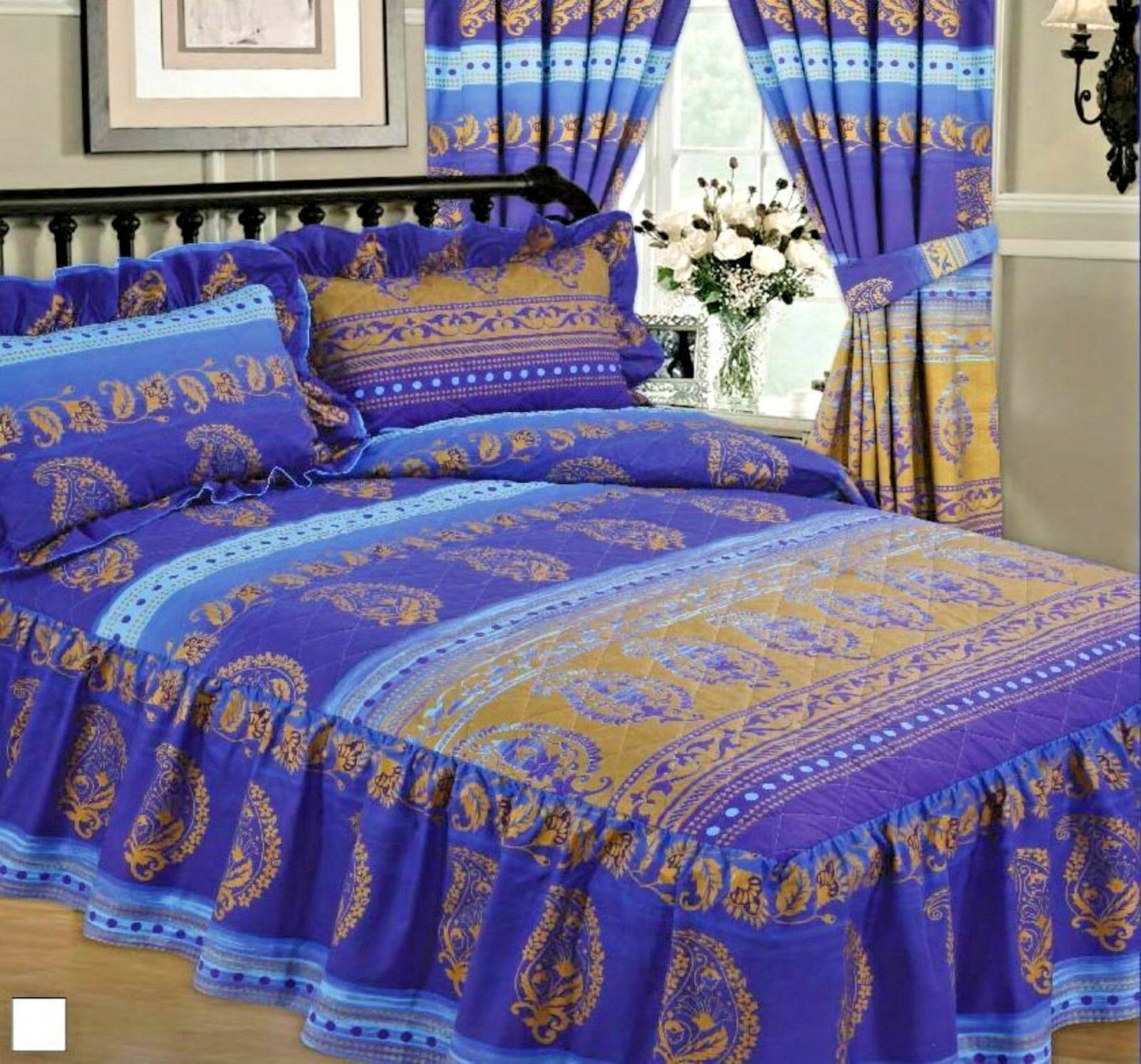 King Size Kashmir Blue Luxury Quilted Fitted Bedspread