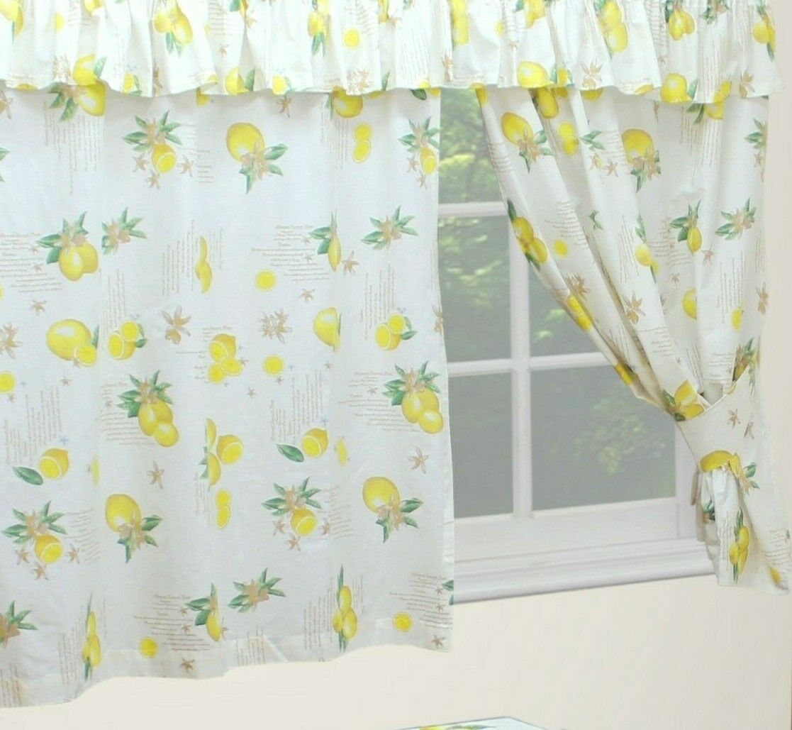 Lemons 66" x 48" Cream Unlined Pencil Pleat Curtains Matching Tie Backs