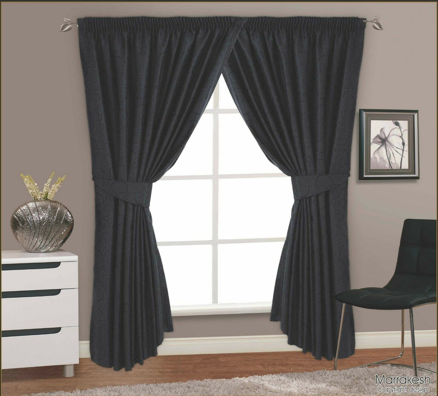 Marrakesh Black 66" x 72" Luxury Jacquard Pencil Pleat Curtains Fully Lined