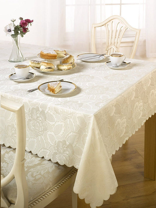 Rose Jacquard Floral 70" x 90" Oval Tablecloth Woven Jacquard Cream