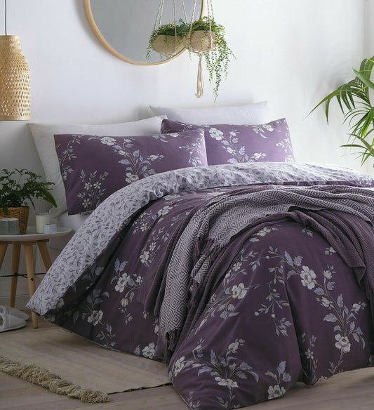 Double Bed Duvet Cover Set Yasmina Plum Floral Reversible Bedding Set