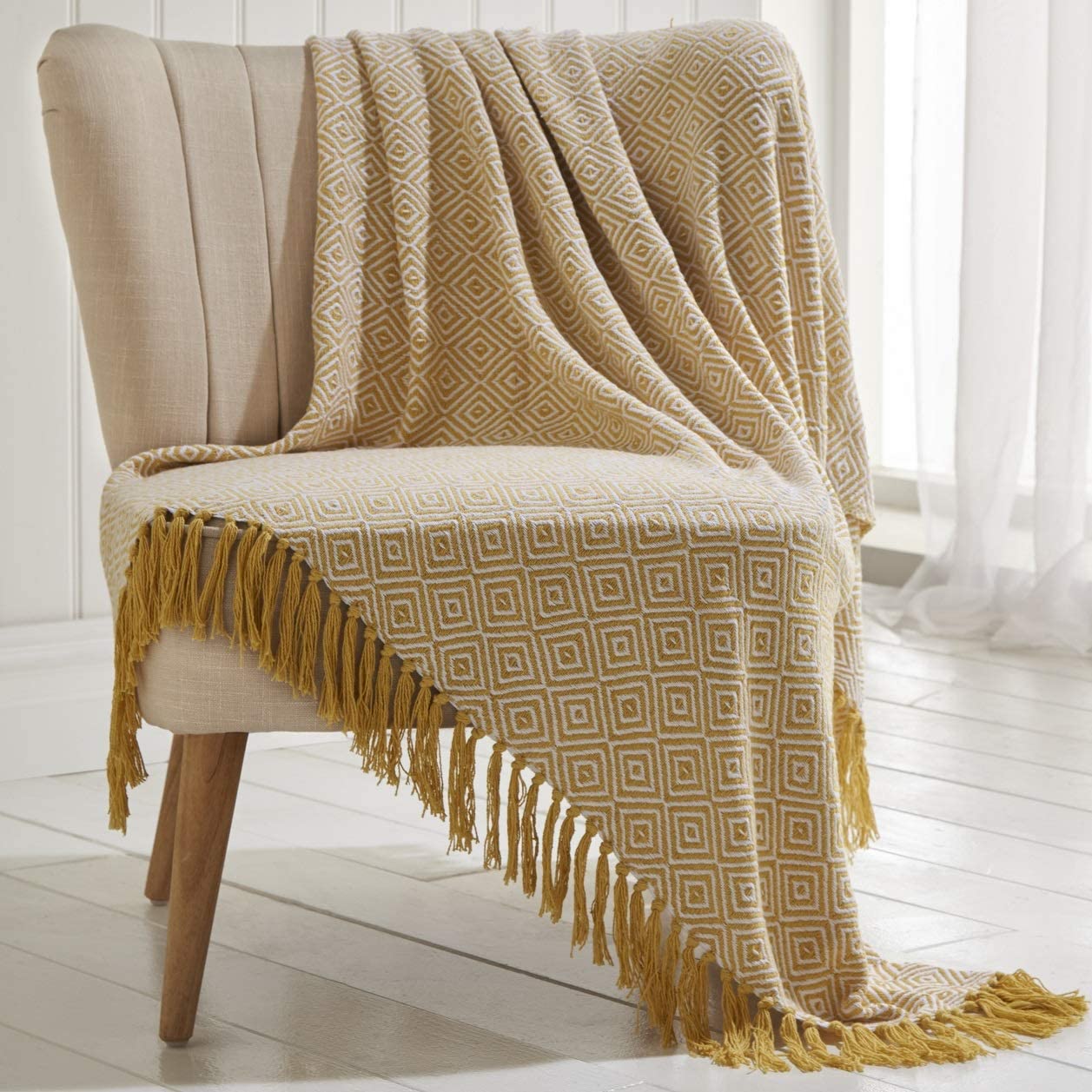 Ascot Throw Ochre Yellow Woven Tassel Ends 130cm x 170cm