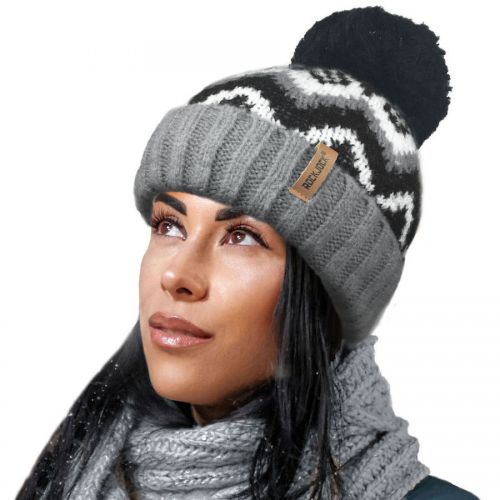 Ladies Mohair Effect Chevron Design Ski Hat Soft Teddy Fur Fleece Lining Pom Pom Hat