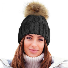 Load image into Gallery viewer, Ladies Cable Knitted Soft Teddy Fur Fleece Lining Ski Hat With Large Detachable Pom Pom
