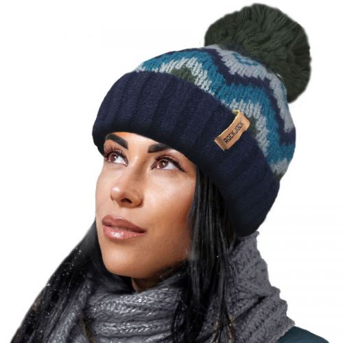 Ladies Mohair Effect Chevron Design Ski Hat Soft Teddy Fur Fleece Lining Pom Pom Hat