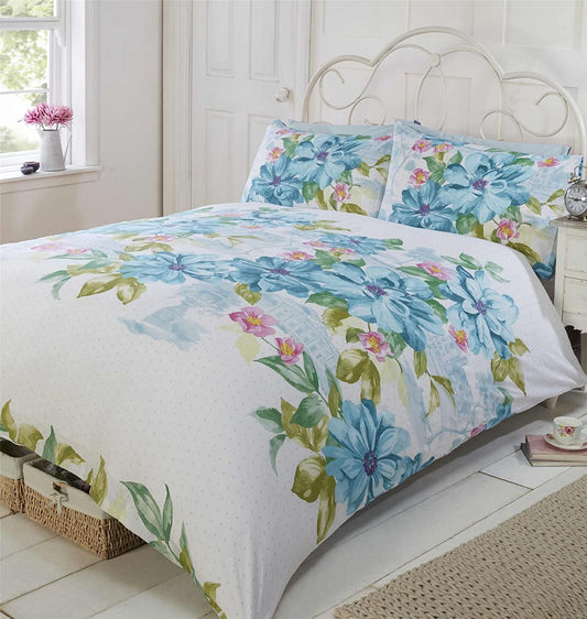 Double Bed Floral Duvet Cover Set Botanical Gardens Vintage Art Watercolour Teal