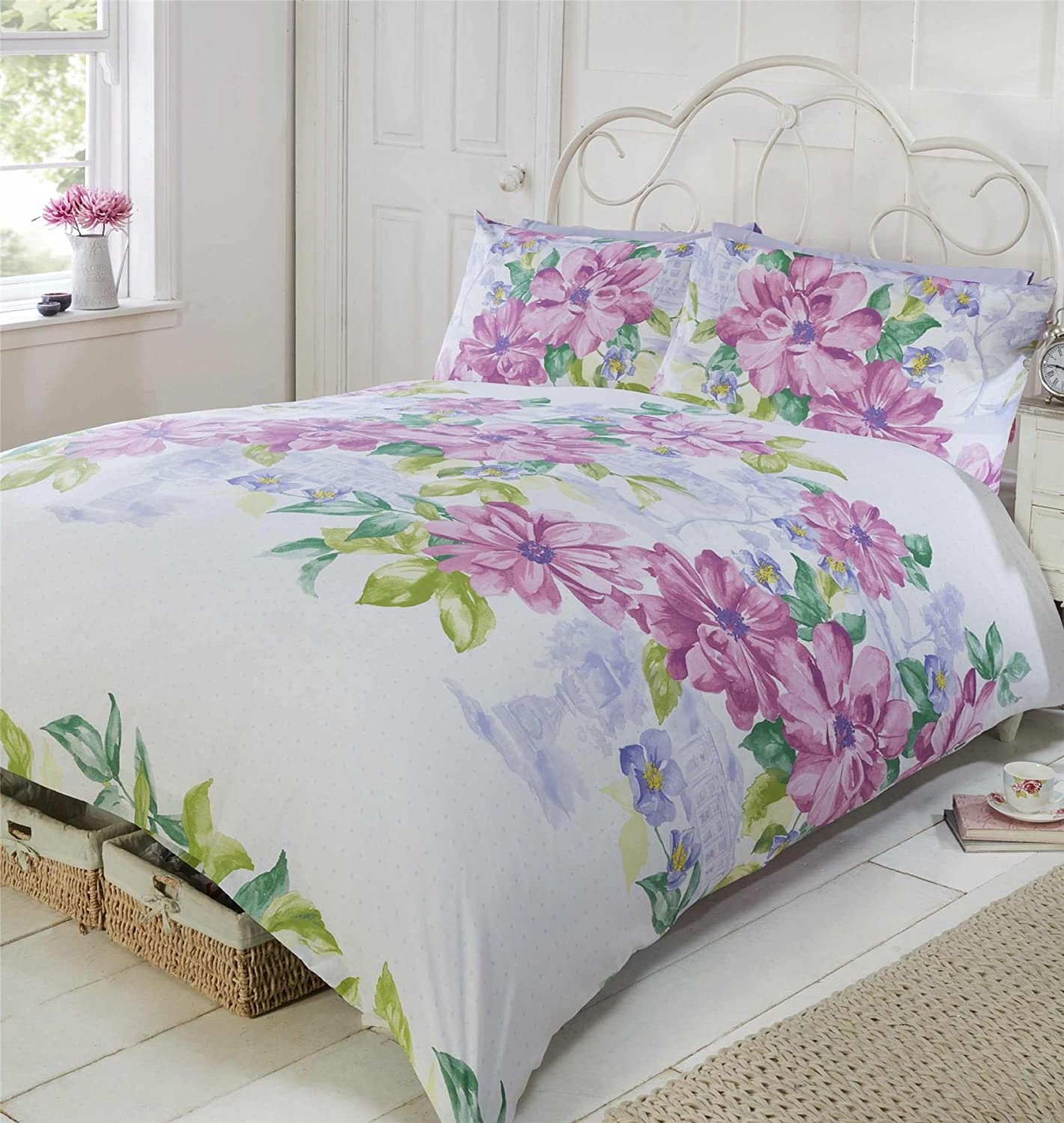 Double Bed Floral Duvet Cover Set Botanical Gardens Vintage Art Watercolour Pink
