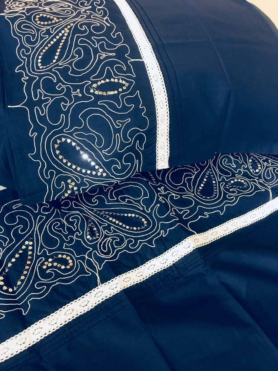 King Size Celine Navy Sequins Lace Duvet Cover Set Lace