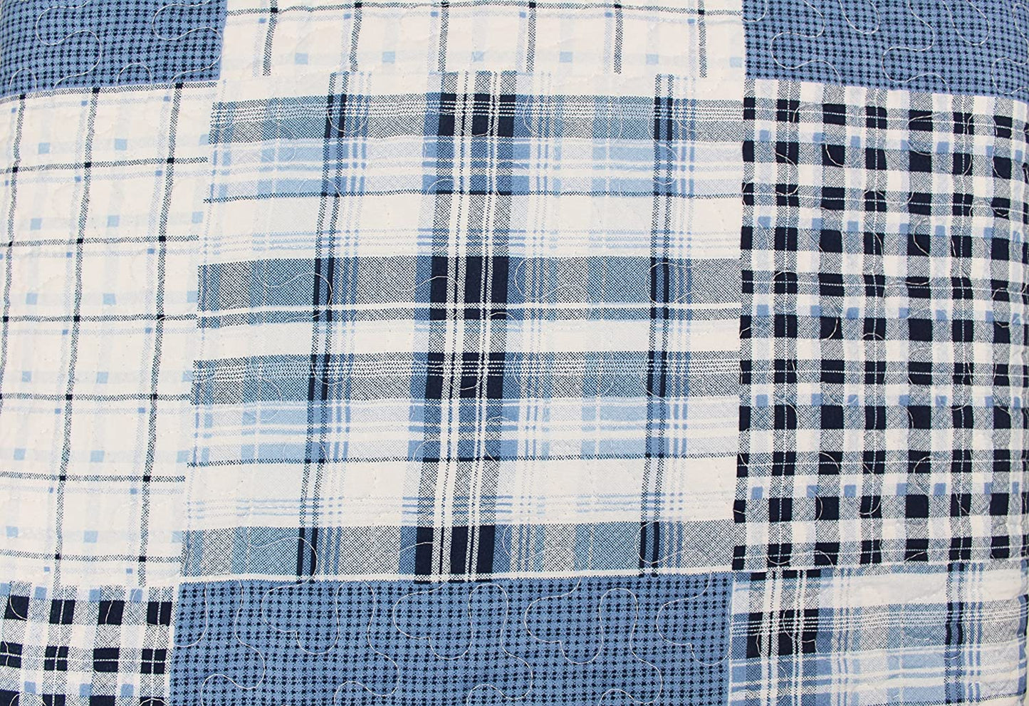 Single Bed Quilted Bedspread And Pillowsham Throw Over Check Blue 180cm x 240cm