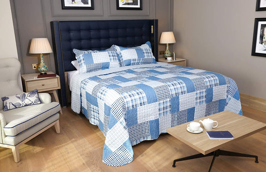 Double Bed Quilted Bedspread And Pillowshams Throw Over Check Blue 240cm x 260cm