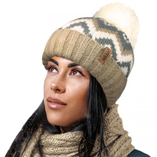 Ladies Mohair Effect Chevron Design Ski Hat Soft Teddy Fur Fleece Lining Pom Pom Hat