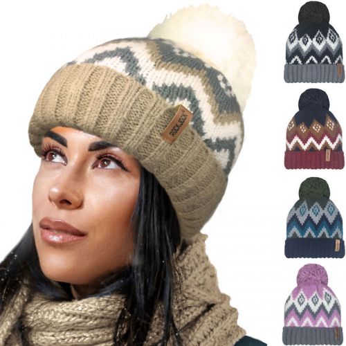 Ladies Mohair Effect Chevron Design Ski Hat Soft Teddy Fur Fleece Lining Pom Pom Hat