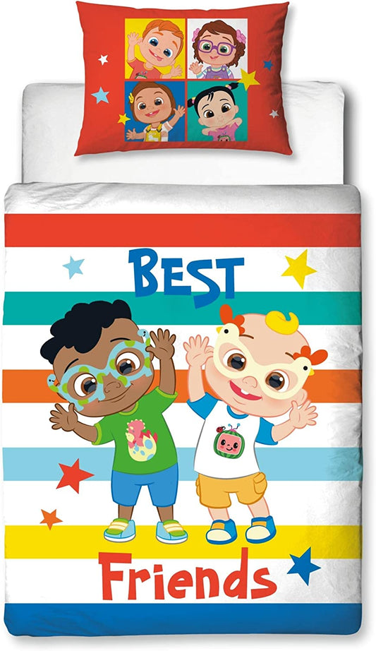 Cocomelon Official Junior Toddler Bed Size Duvet Cover Set Friends Stripes Reversible 2 Sided Character Bedding